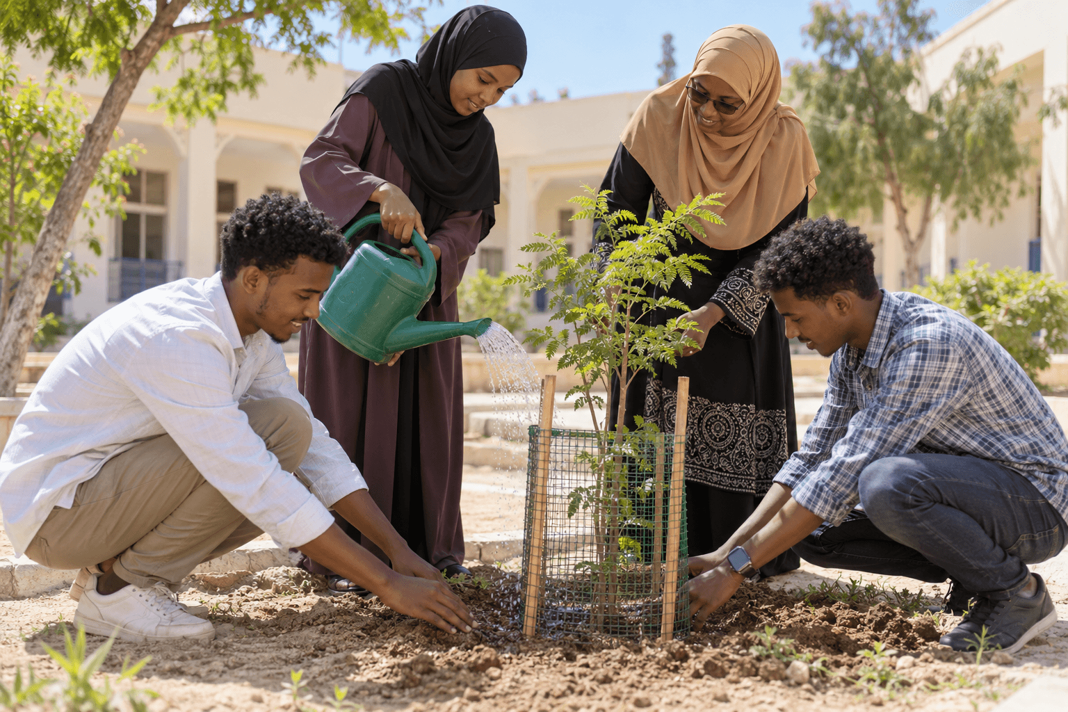 Somali students and a teacher planting and watering a young tree together