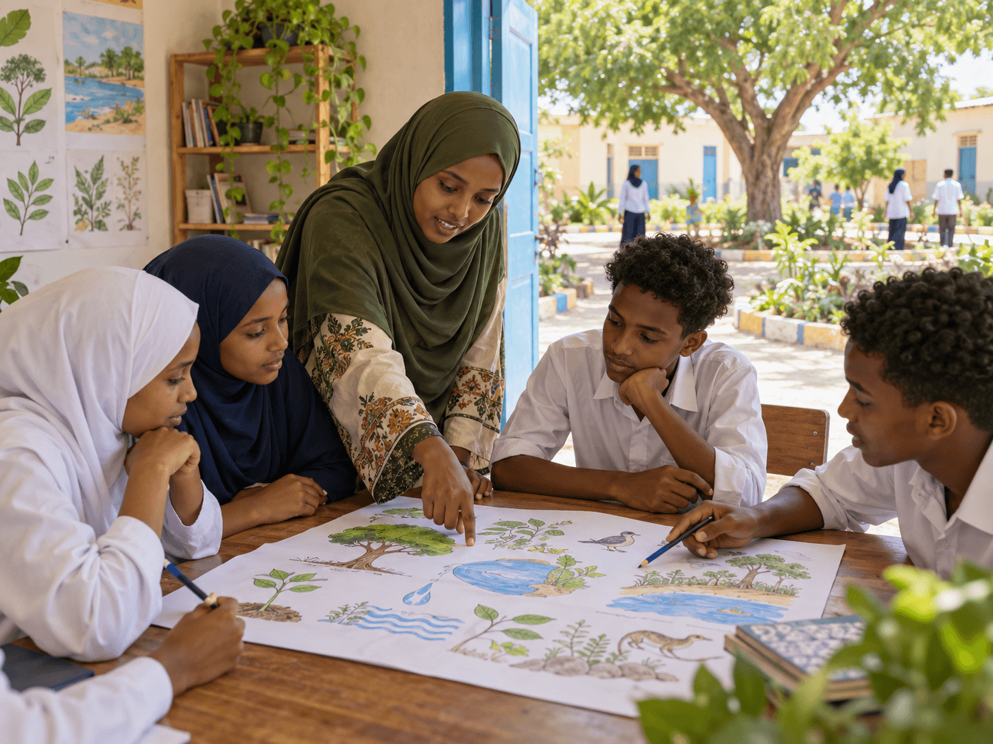 A Somali educator and students exploring environmental learning materials together