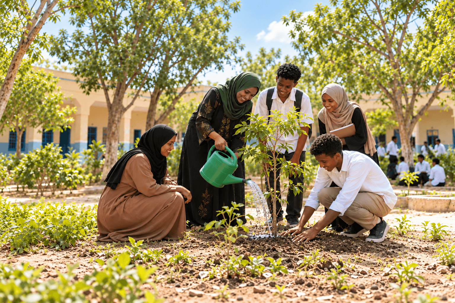 Somali students and an educator caring for a young tree together in a school courtyard