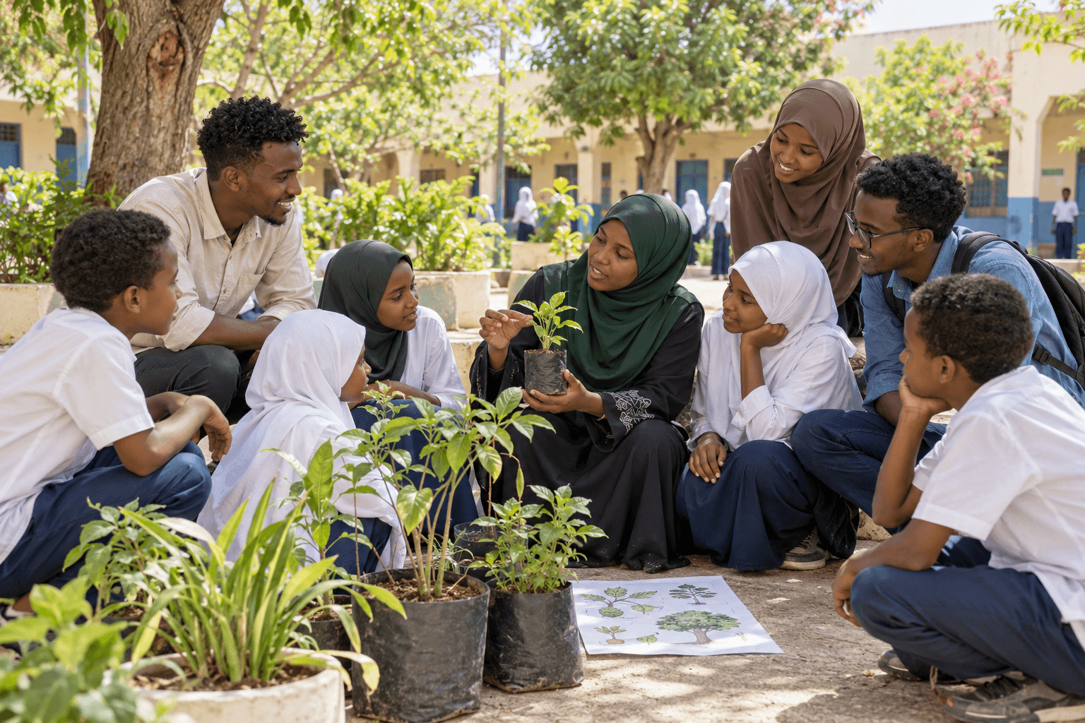 Somali educators, volunteers, and students learning about a young tree together