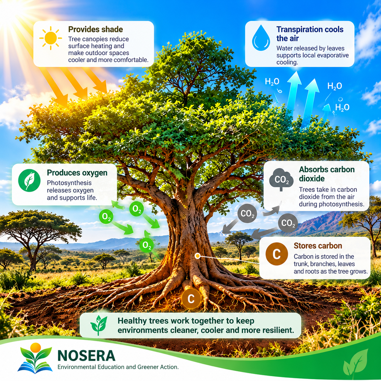 An infographic showing how trees provide shade, cool the air through transpiration, produce oxygen, and absorb and store carbon.